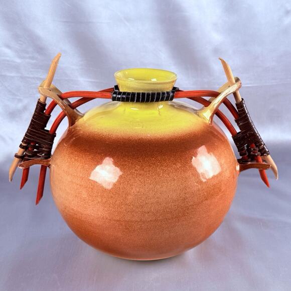 Large Art Pottery Vase Southwest Style MCM Yellow Orange Wood Handles 11” Signed - Picture 2 of 13